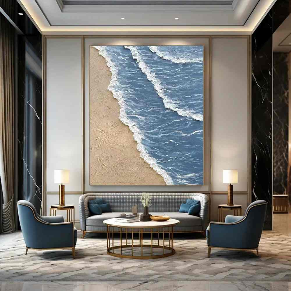 Hand-Painted Blue Scene - large minimal art for apartment
